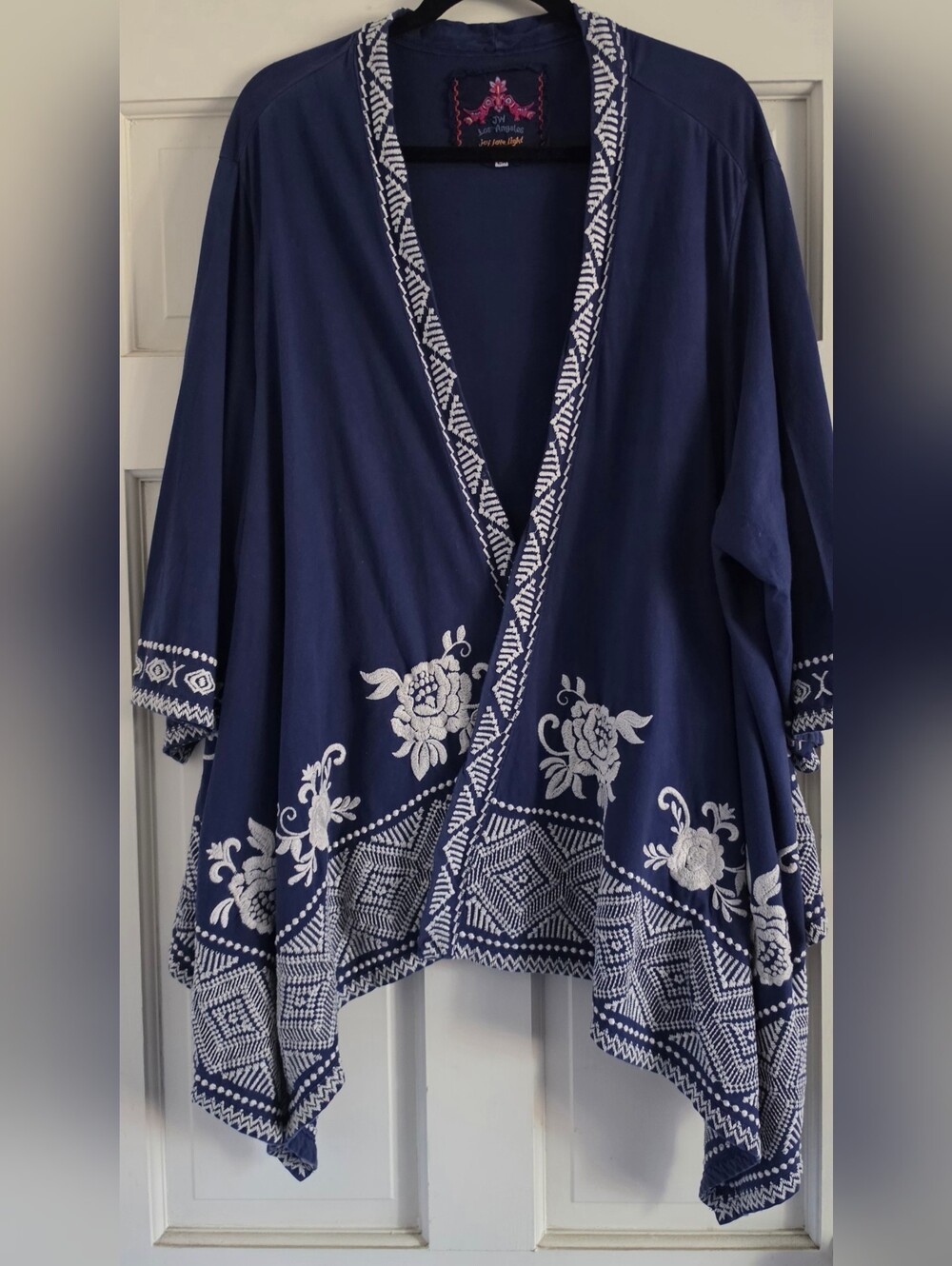 Johnny Was Embroidered Navy White Floral Open-Front Women Cardigan Top XXL 1X 2X